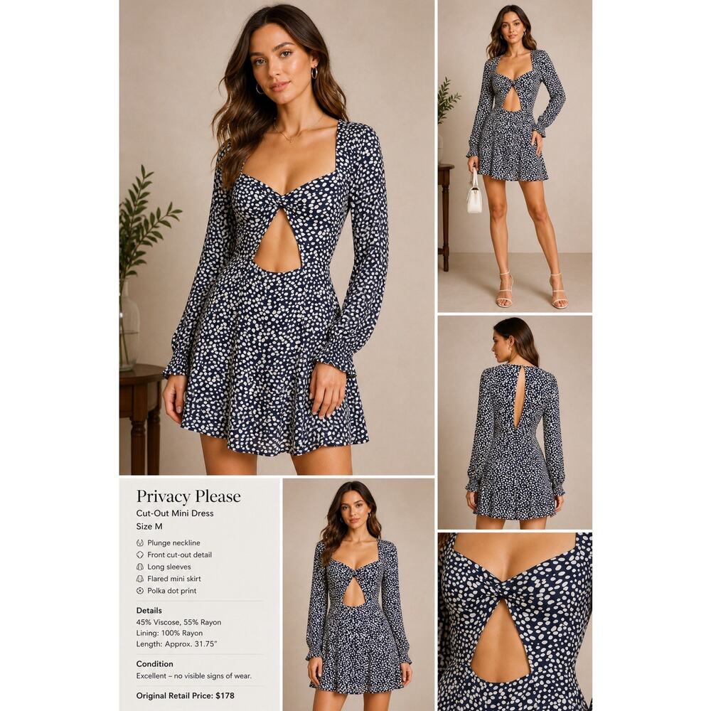 Privacy Please Blue Polka Dot Cut-Out Mini Dress Size M Long Sleeve Plunge